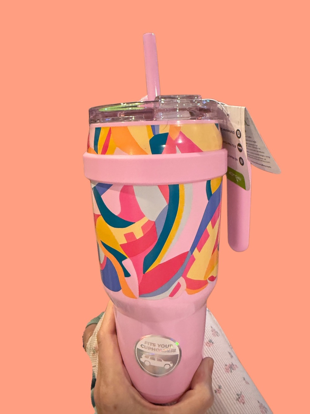 Reduce insulated Colorful Patterned Pink Travel Tumbler with Straw 40 ounce